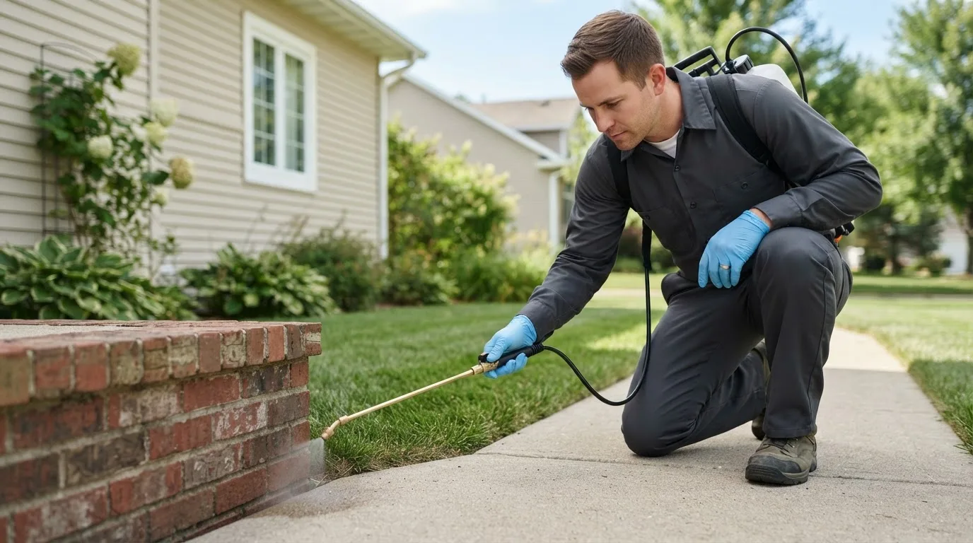 Pest control technician treating a home near East Boothbay, ME