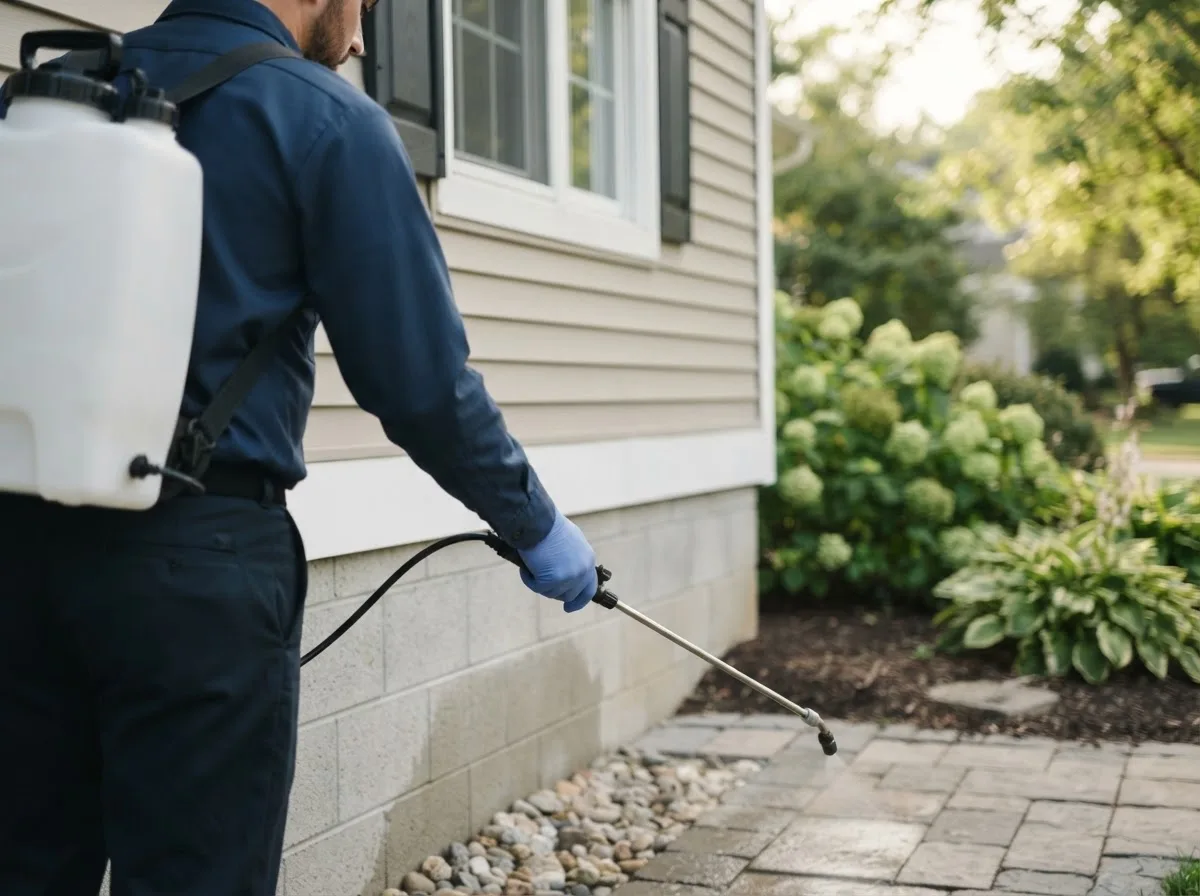 Pest control technician inspecting a home in East Boothbay, ME